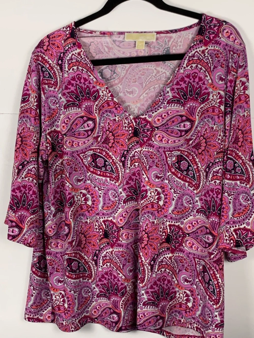 Michael Kors Women’s Top Pink Paisley V Neck Split Sleeve Gold Hardware